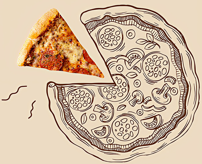 Illustrated pizza with one realistic slice removed